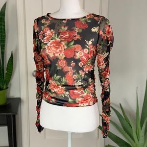 Forever 21 sheer floral ruched long sleeve blouse